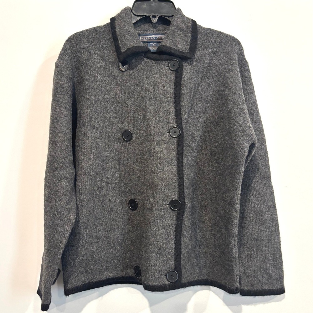 Vtg Herman Geist Women Peacoat Oversize Small Wool Double Breasted Neutral 21509